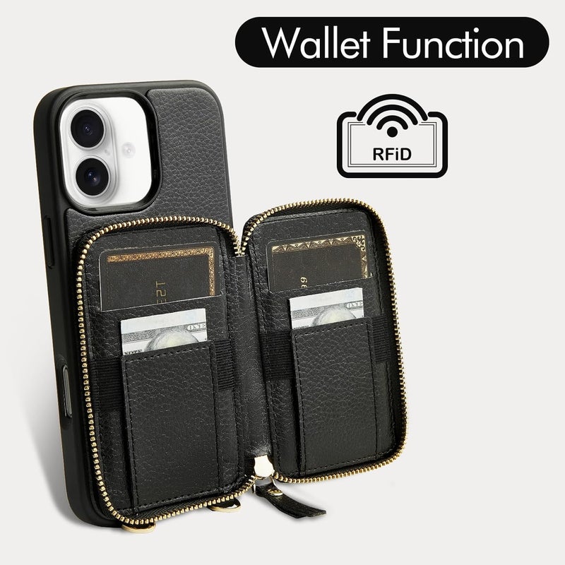 ZVE for iPhone 16 Case Wallet with Card Holder, RFID Blocking Zipper Phone Purse with Adjustable Crossbody Strap and Wrist Strap for iPhone 16 6.1", Black - Image 2
